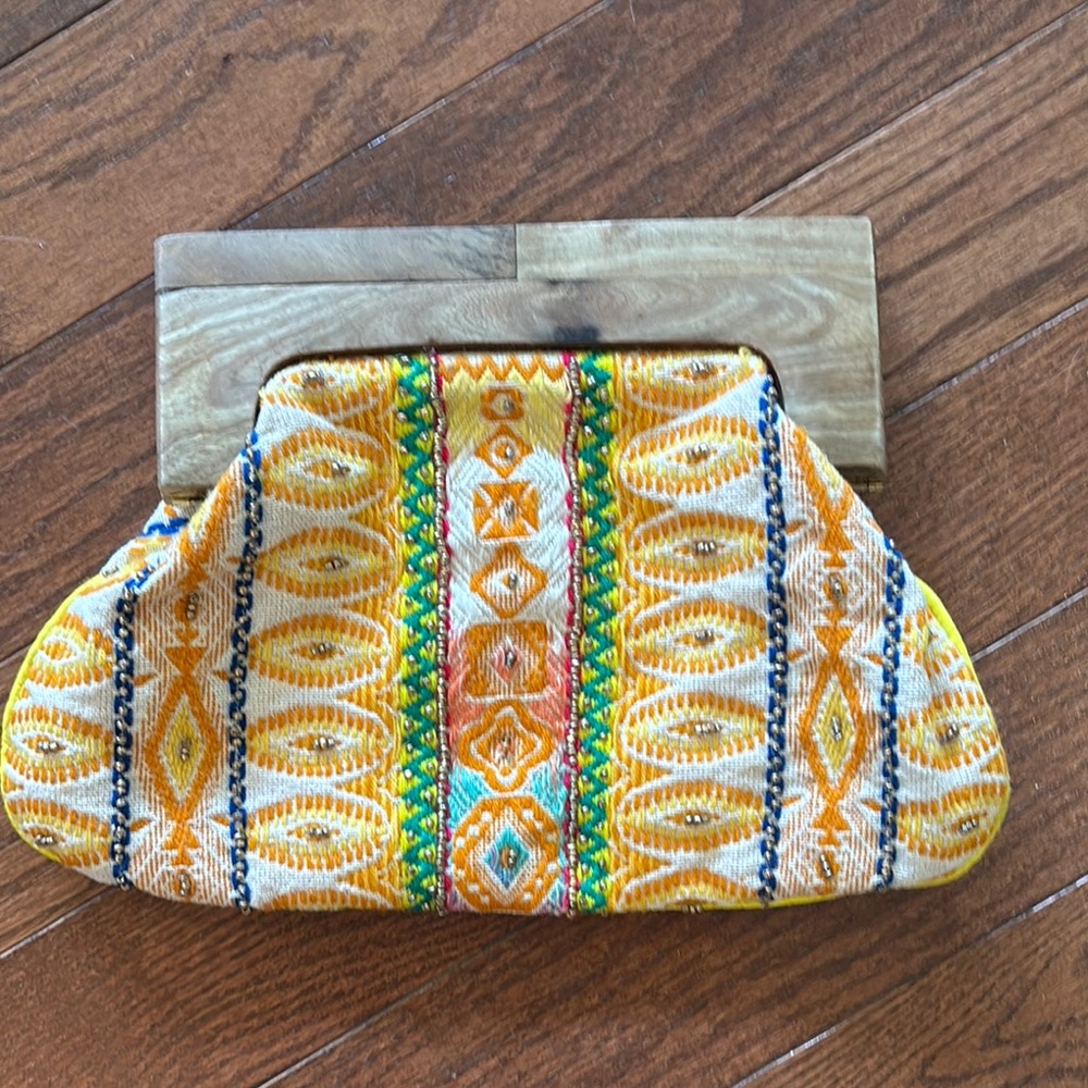 Colorful Patterned Clutch with Wooden Handle